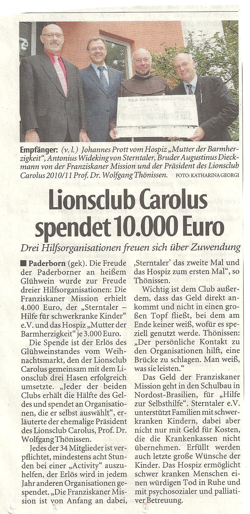 Read more about the article Lionsclub Carolus spendet 10.000 Euro